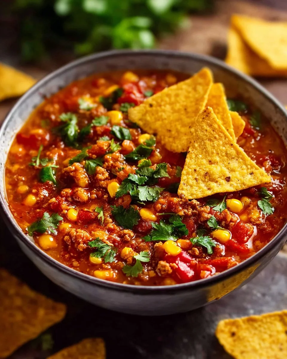 Bowl of Ground Turkey Tortilla Soup topped with avocado and tortilla strips
