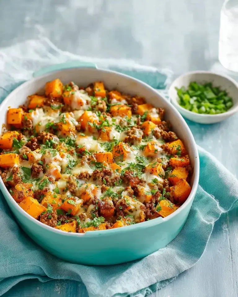 Hearty ground turkey and sweet potato casserole in a baking dish.