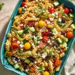 Delicious high protein Banza Pasta Salad with colorful vegetables