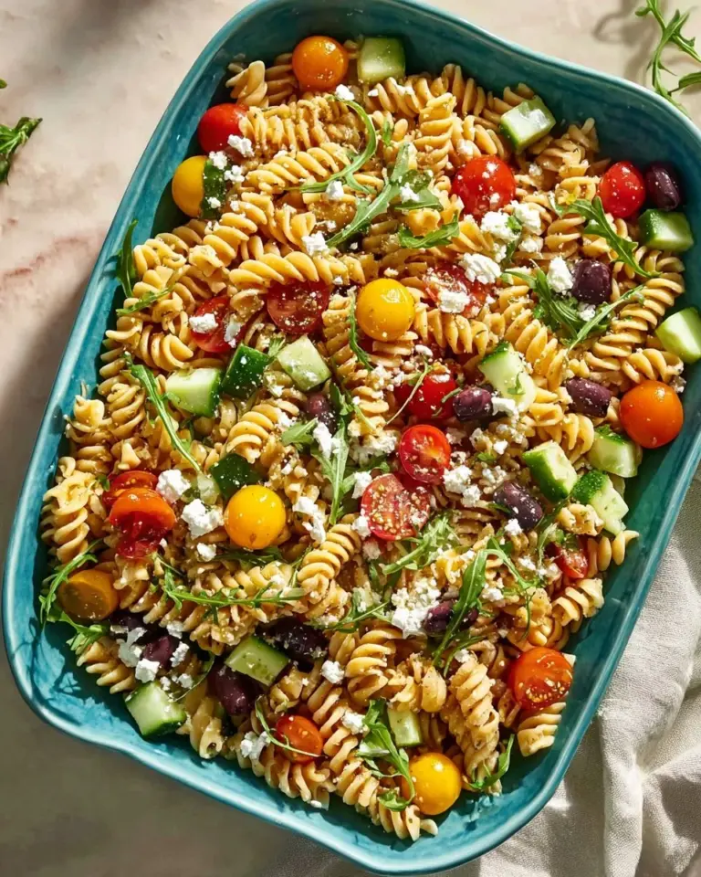 Delicious high protein Banza Pasta Salad with colorful vegetables