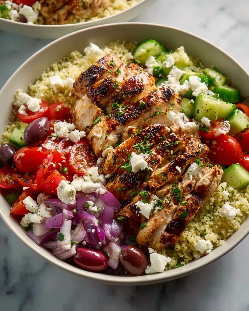 Delicious homemade Greek chicken bowl with fresh vegetables and herbs.