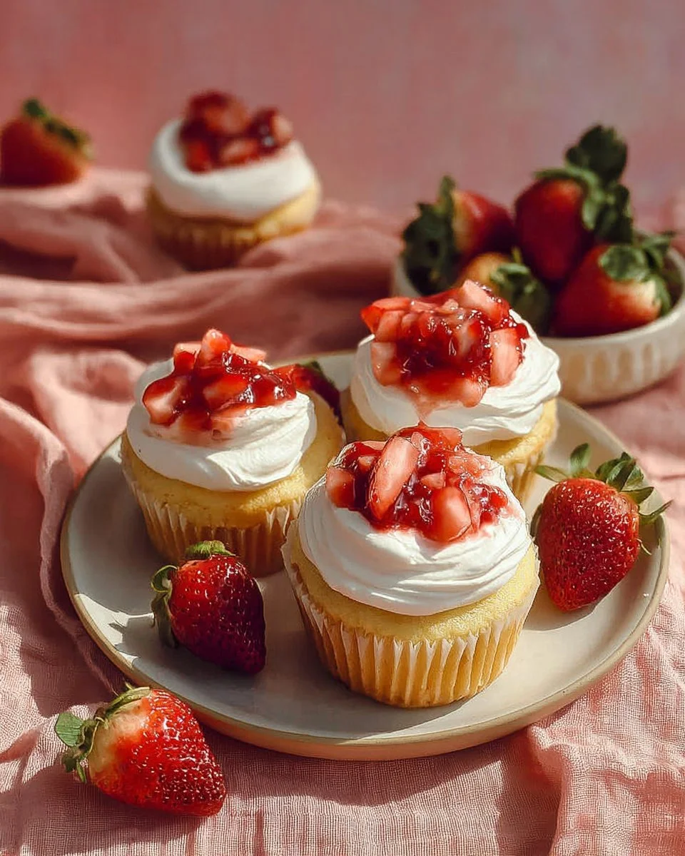 Homemade strawberry shortcake cupcakes topped with fresh strawberries and whipped cream.