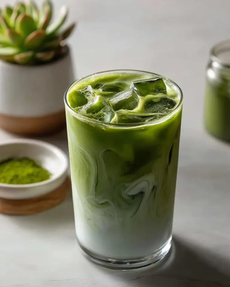 Iced Matcha Latte served in a glass with ice and a green straw