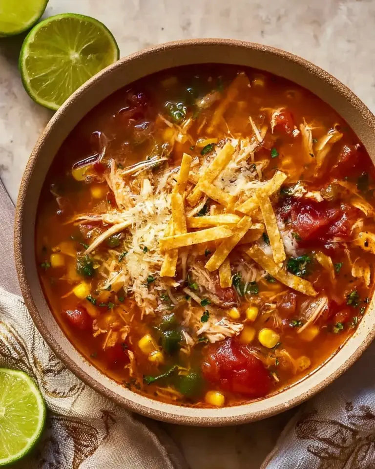 Bowl of Instant Pot Turkey Tortilla Soup garnished with avocado and tortilla strips
