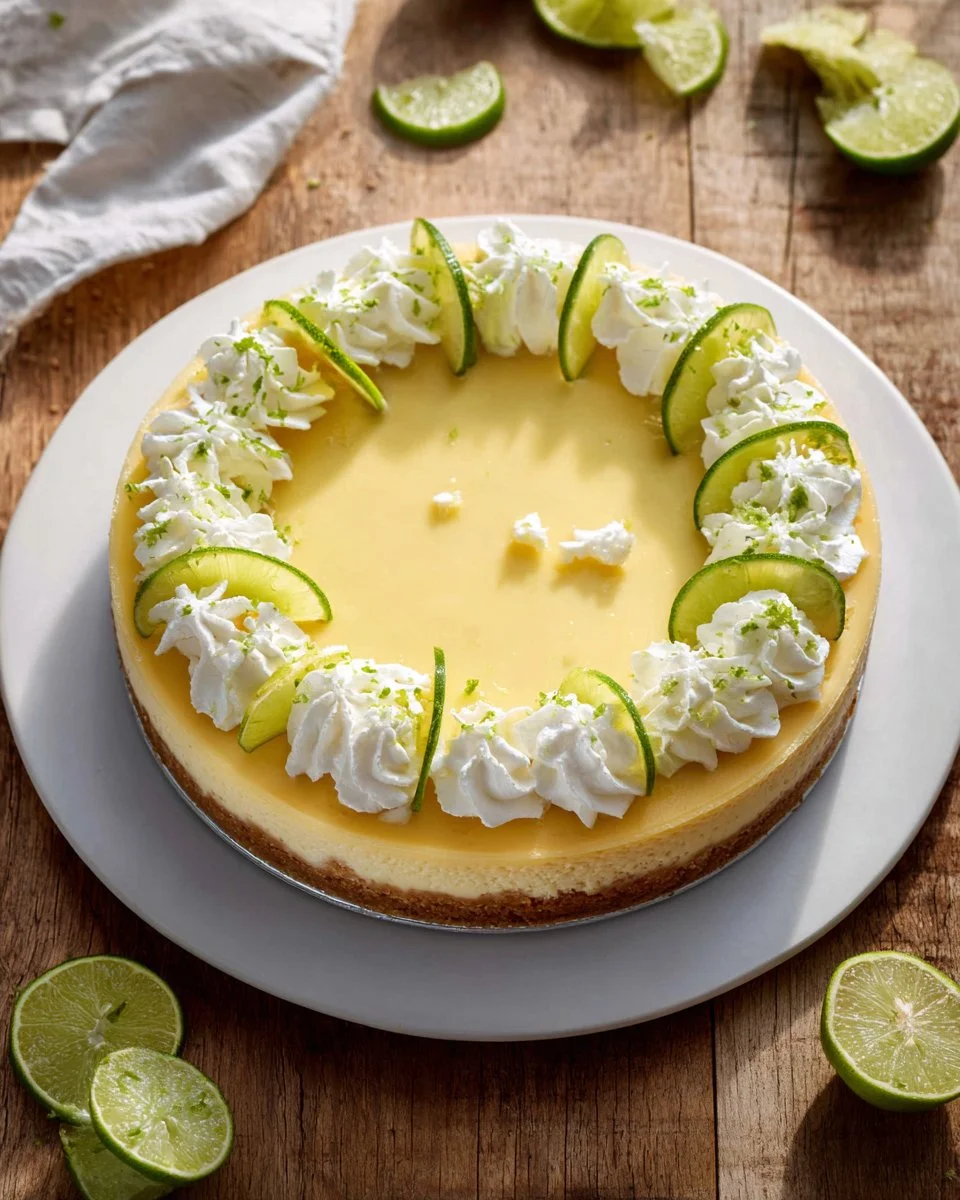 Delicious key lime cheesecake garnished with lime slices and whipped cream