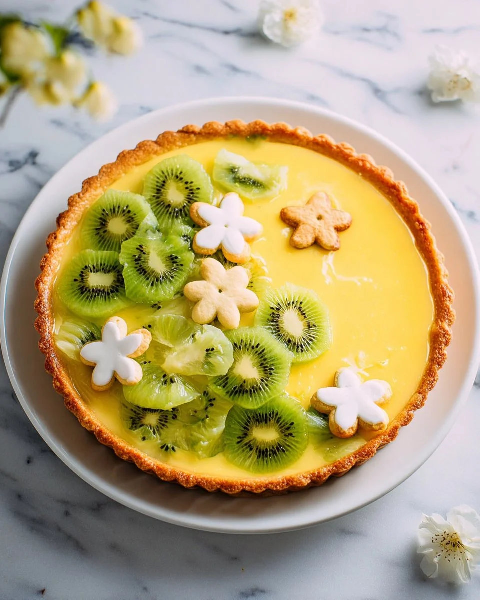 A delicious Kiwi Lime Curd Tart with vibrant green kiwi slices and creamy curd filling.