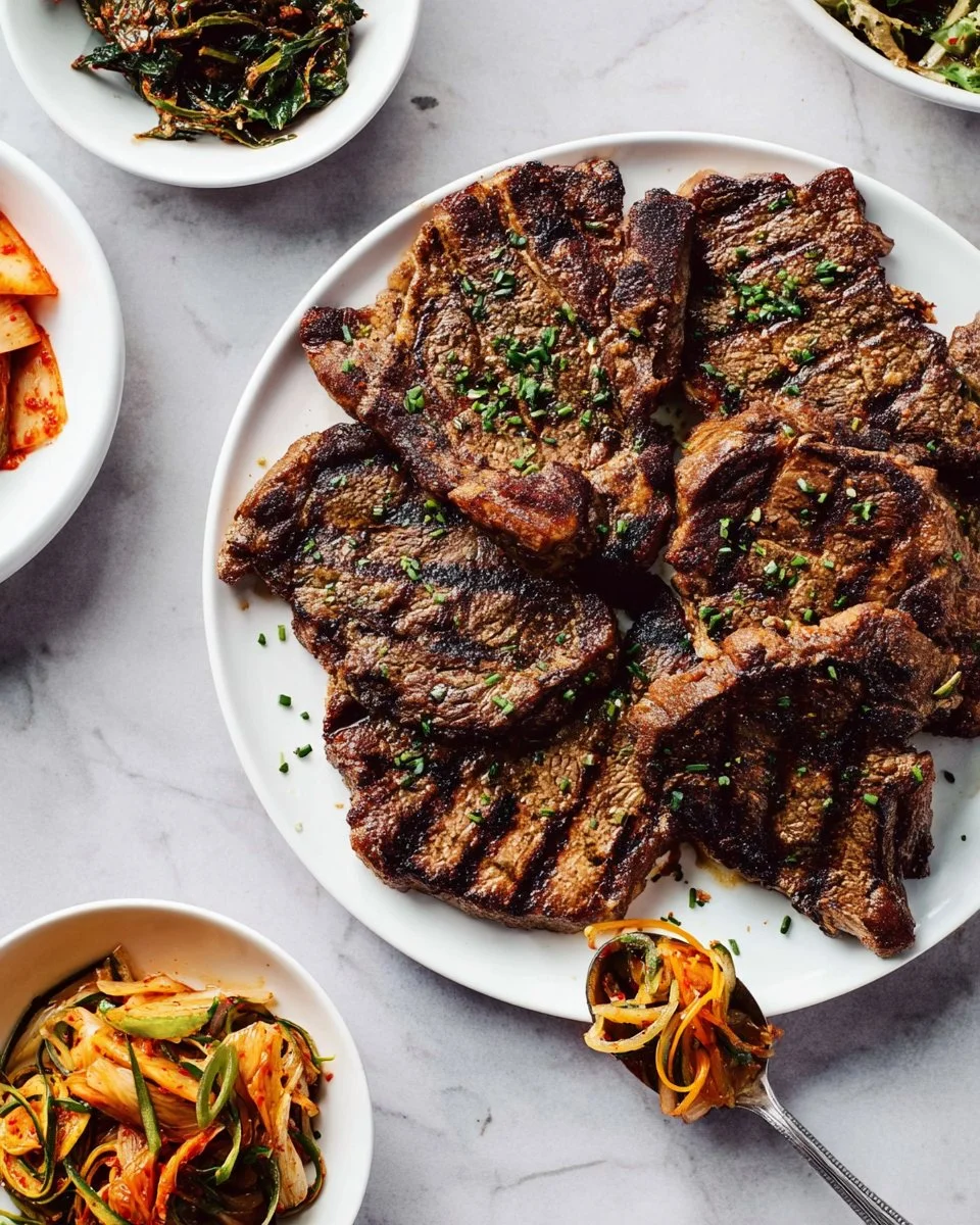 Deliciously cooked Korean short ribs served with sesame seeds and scallions.