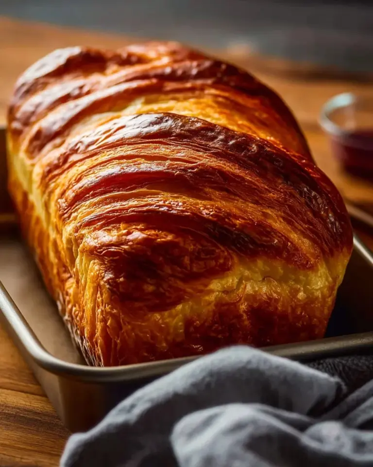 Freshly baked laminated dough bread with golden layers and rich texture.