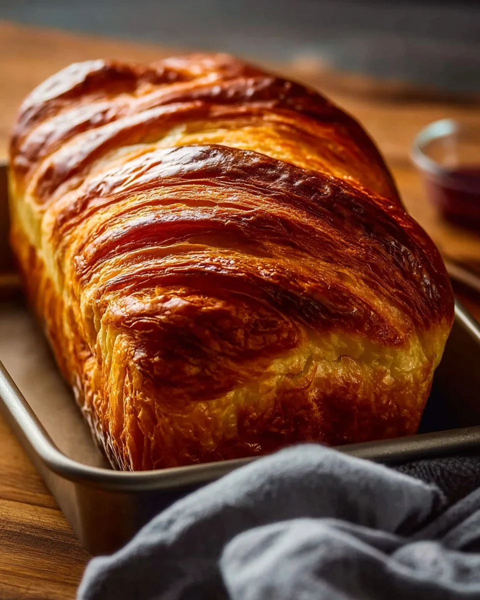 Freshly baked laminated dough bread with golden layers and rich texture.