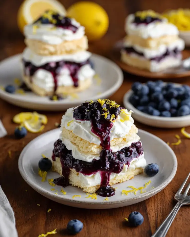 Delicious lemon blueberry shortcake with fresh berries and whipped cream