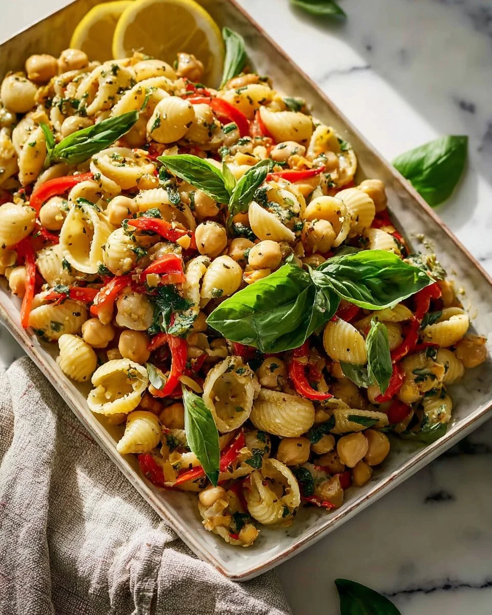 Delicious Lemon High Protein Bean Pasta Salad in a bowl with fresh ingredients.