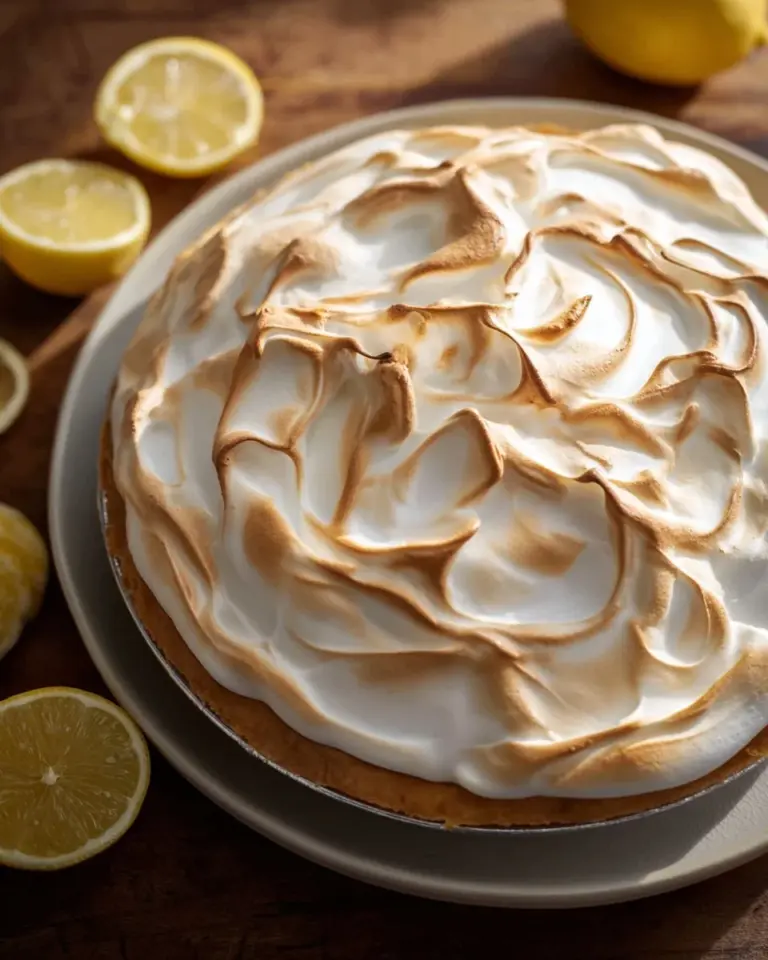 Delicious lemon meringue cheesecake topped with fluffy meringue and lemon zest.