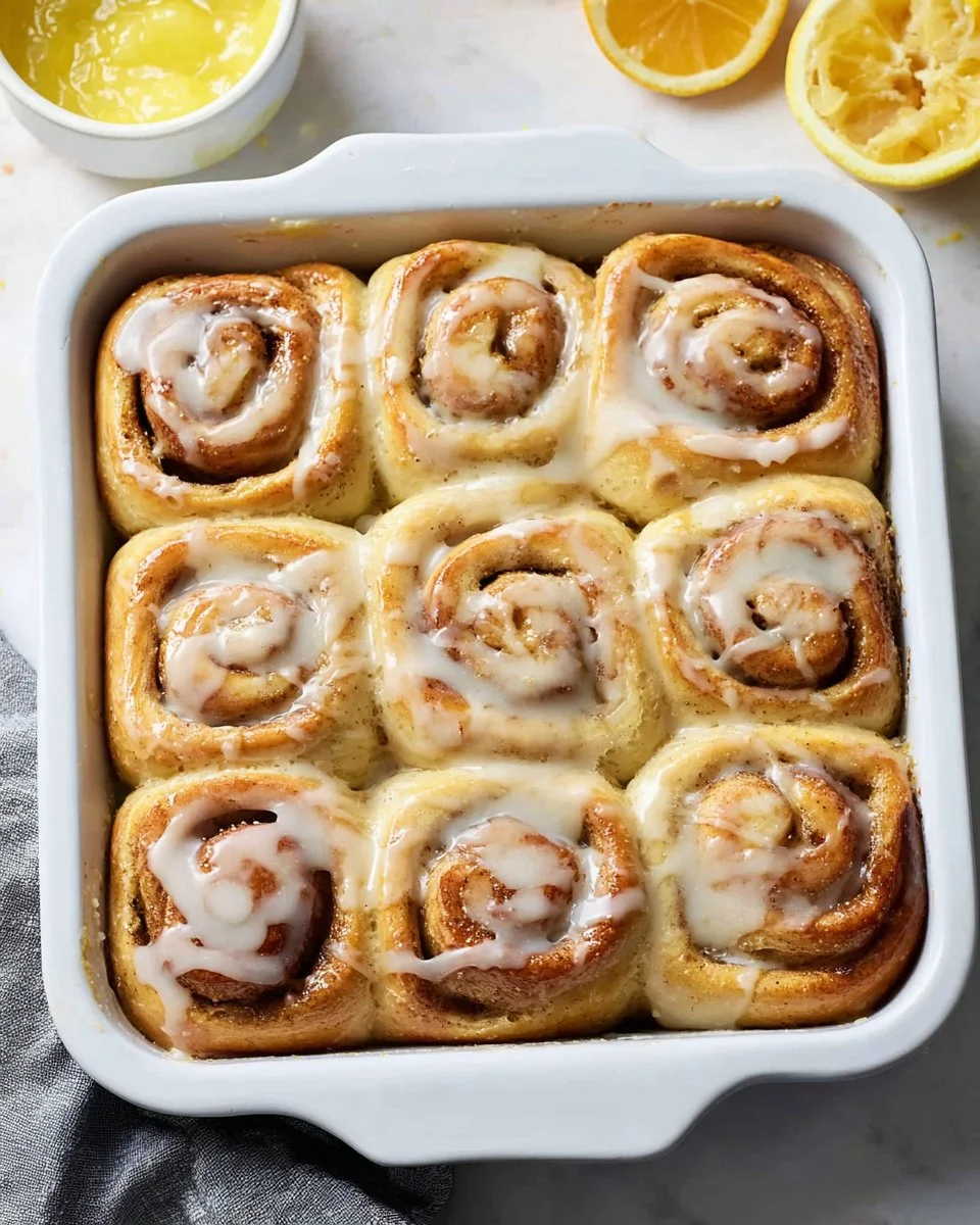 Freshly baked Lemon Poppy Seed Rolls with a lemon glaze and poppy seeds.