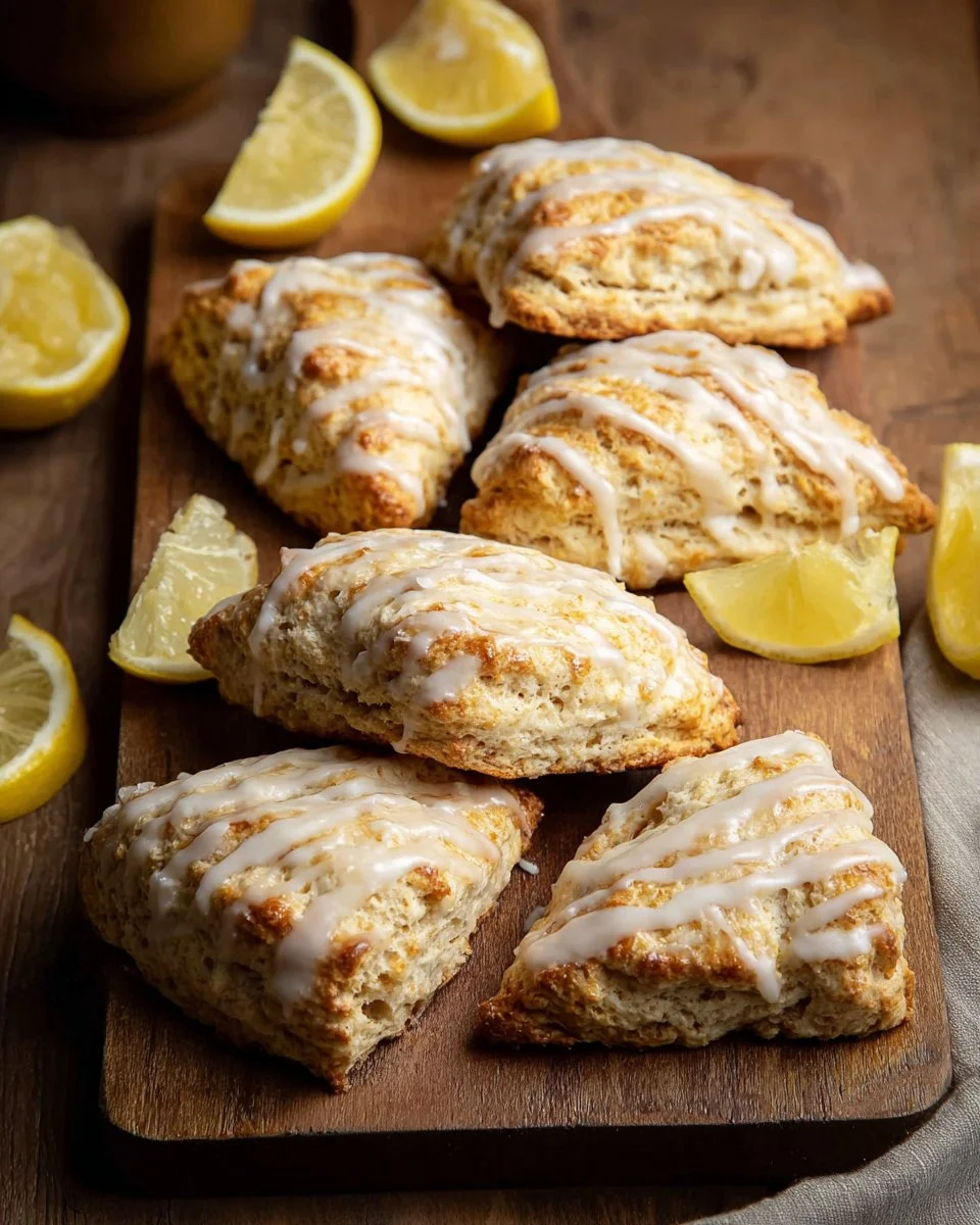 Freshly baked Lemon Poppy Seed Scones on a plate.
