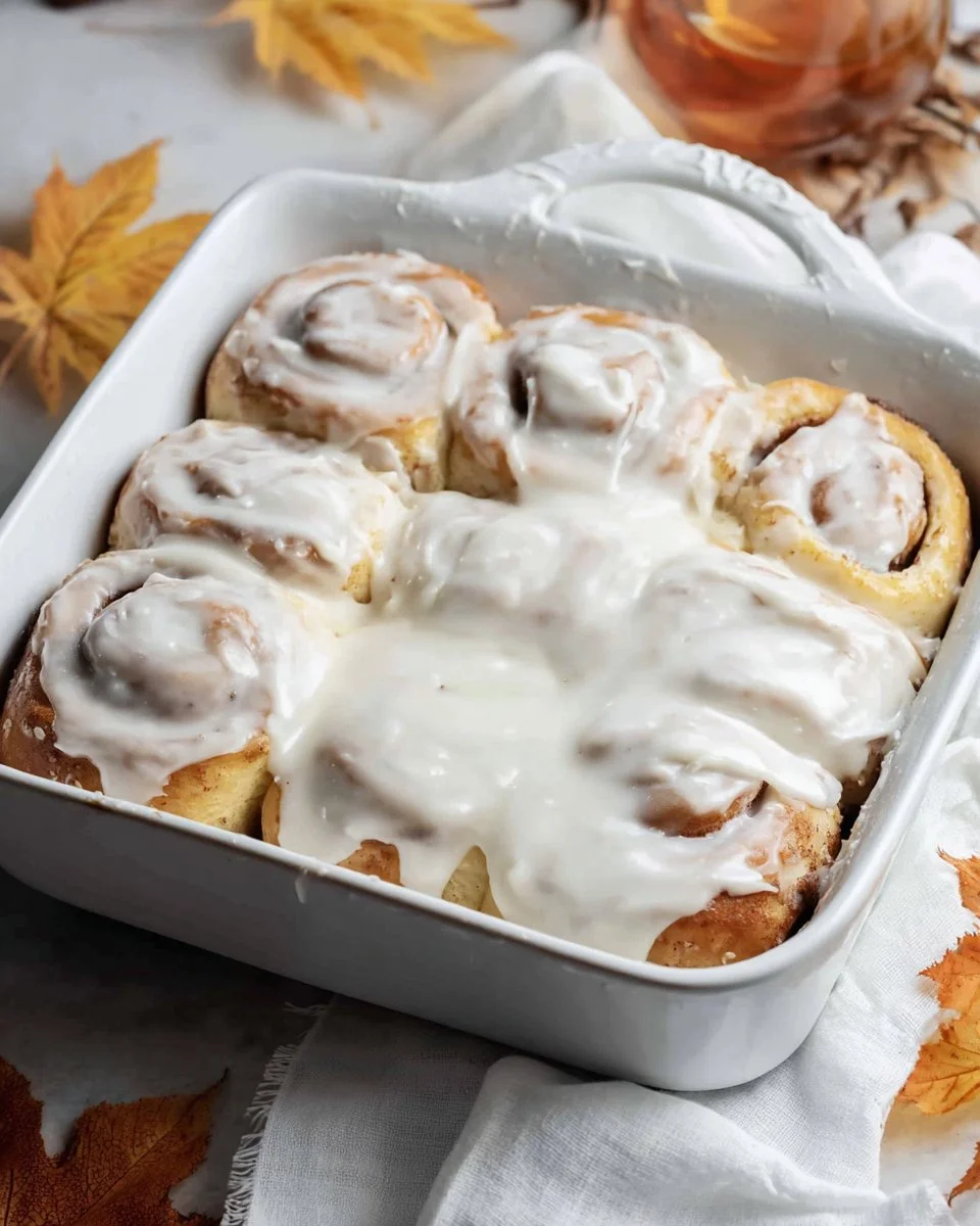 Freshly baked Maple Cinnamon Rolls topped with maple icing