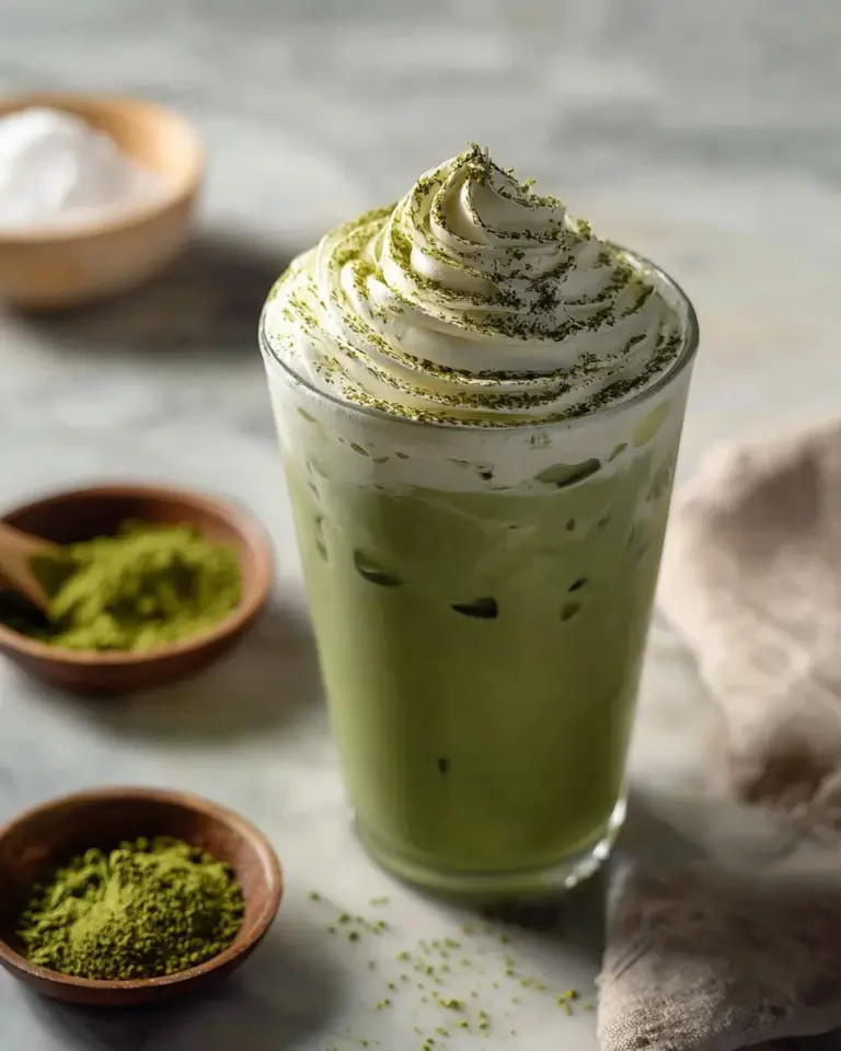 Iced Matcha Latte Frappe with vibrant green color in a glass