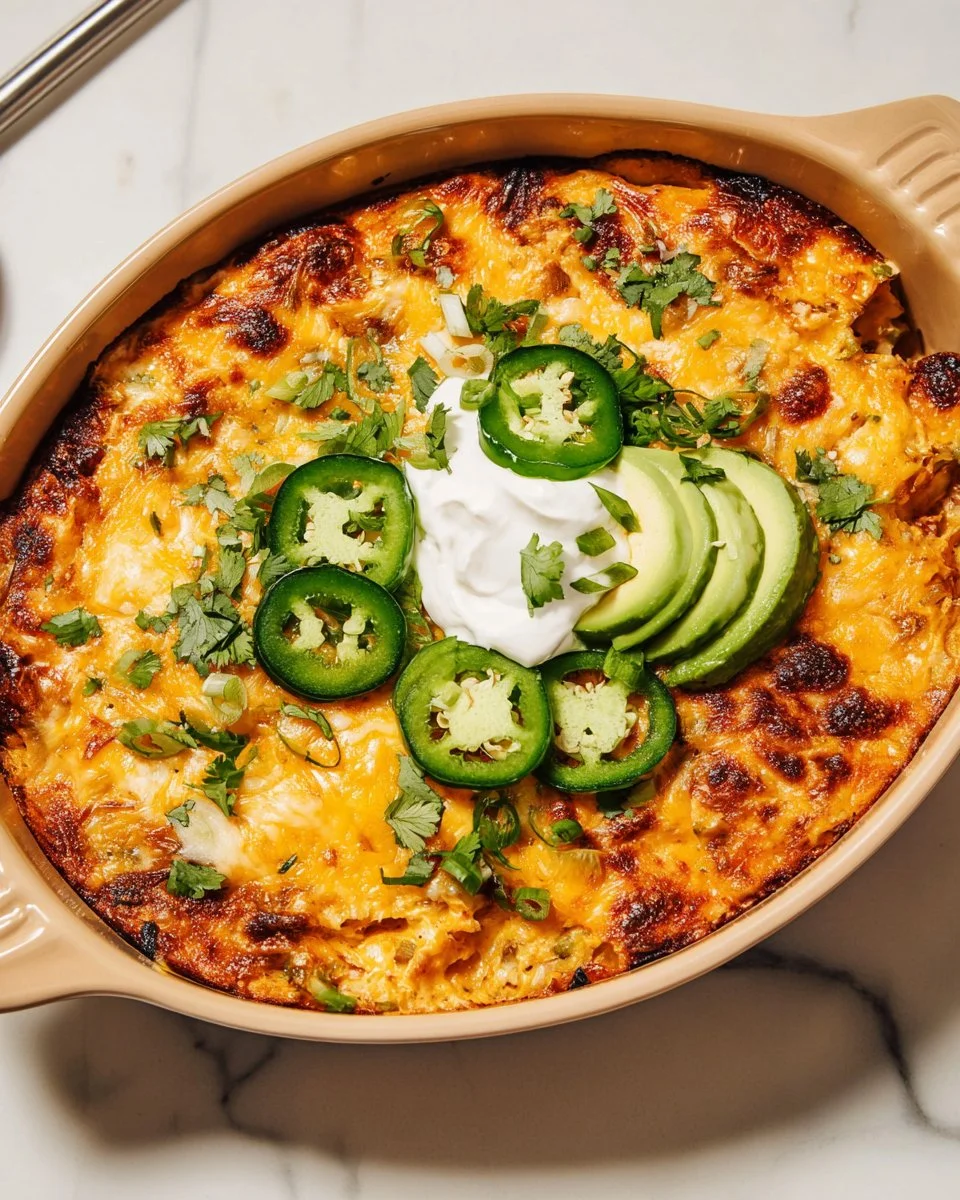 Delicious Mexican Chicken Casserole topped with melted cheese and spices