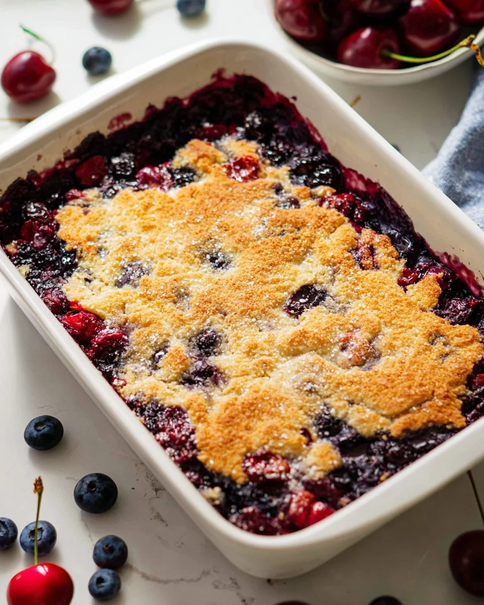 Delicious mixed berry dump cake topped with fresh berries