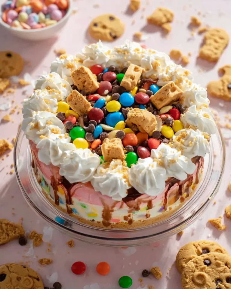 Delicious Monster Cookie Cheesecake topped with colorful cookie pieces and chocolate chips