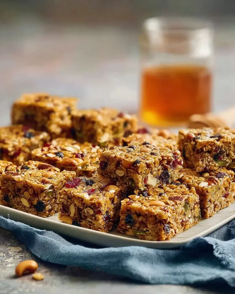 Delicious no bake granola bars topped with nuts and fruits