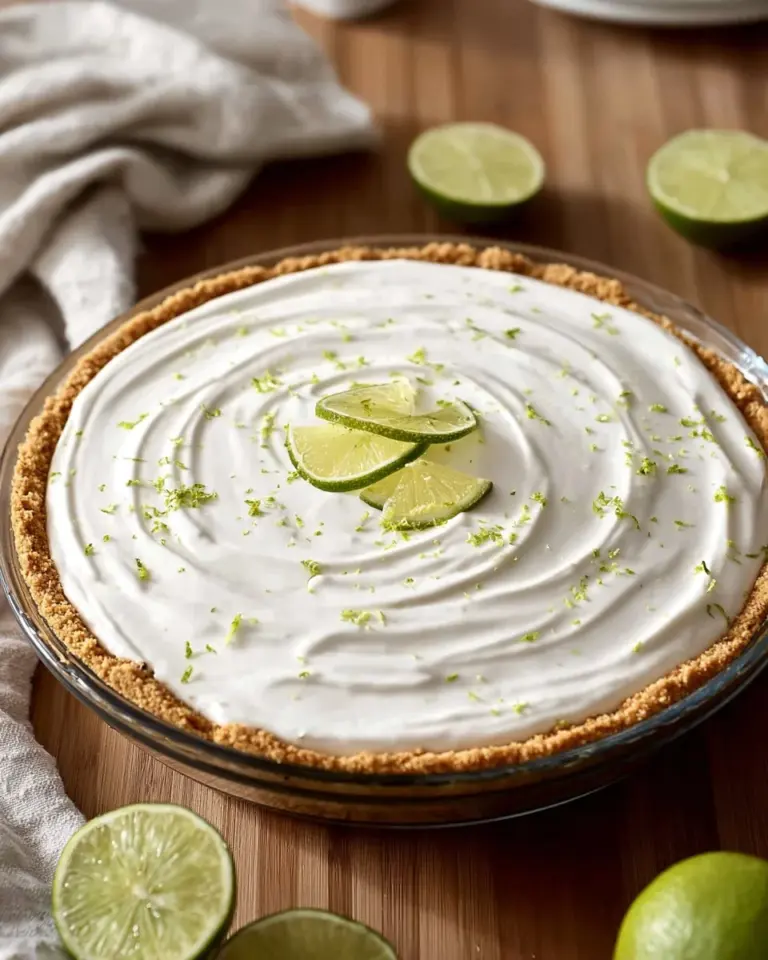 No Bake Key Lime Pie topped with whipped cream and lime slices