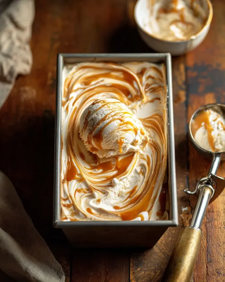 Delicious no churn salted caramel ice cream served in a bowl.