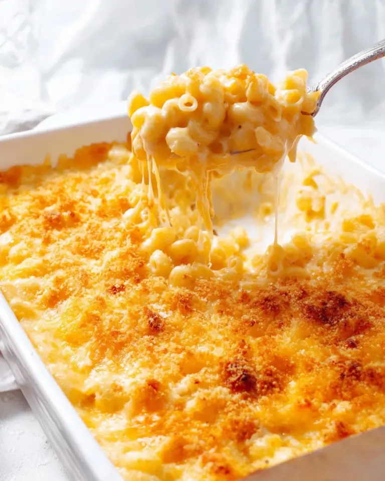 Delicious Old Fashioned Baked Macaroni and Cheese served in a creamy dish