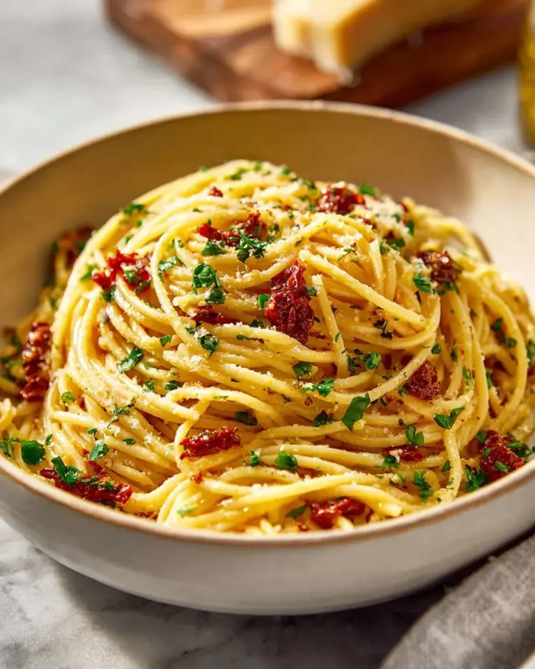 One Pot Garlic and Oil Pasta with fresh herbs and Parmesan cheese
