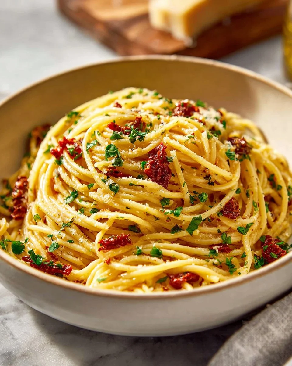 One Pot Garlic and Oil Pasta with fresh herbs and Parmesan cheese