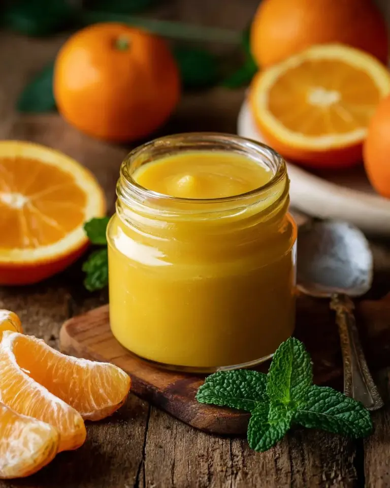 Homemade orange curd in a glass jar with a slice of orange.