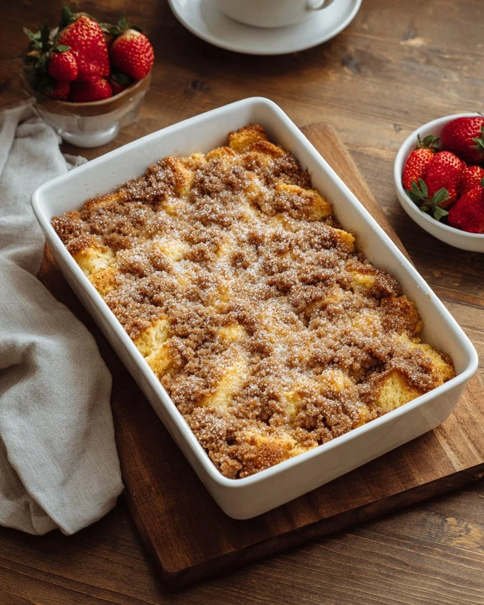 Delicious Overnight French Toast Casserole with syrup and berries