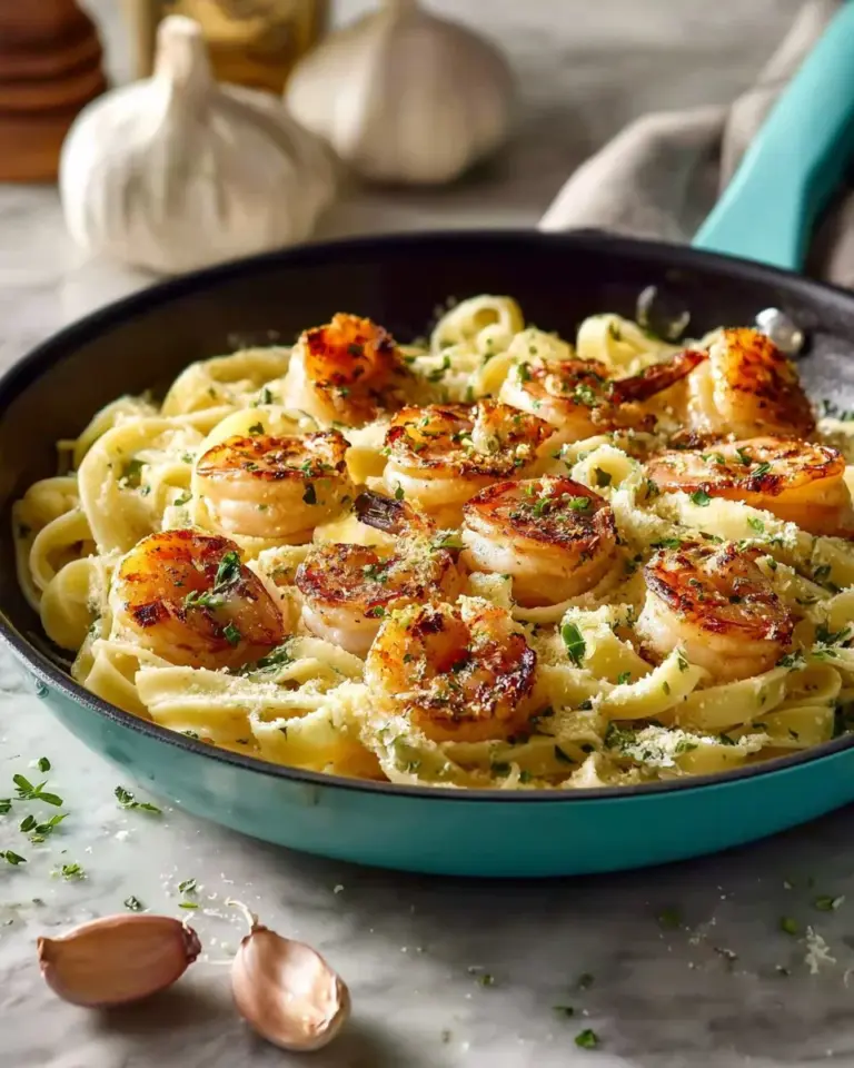 Creamy Parmesan Shrimp Fettuccine topped with parsley and served in a bowl