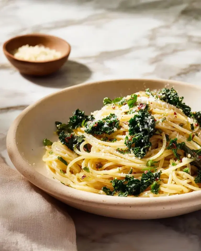Pasta with garlic, oil, and kale on a plate, garnished with herbs.