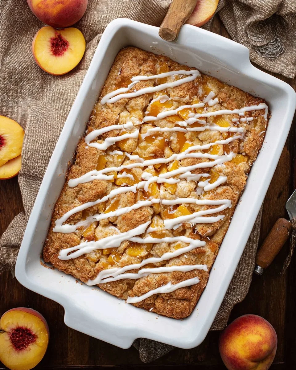 Freshly baked peach crumb cake with crumb topping and peach slices