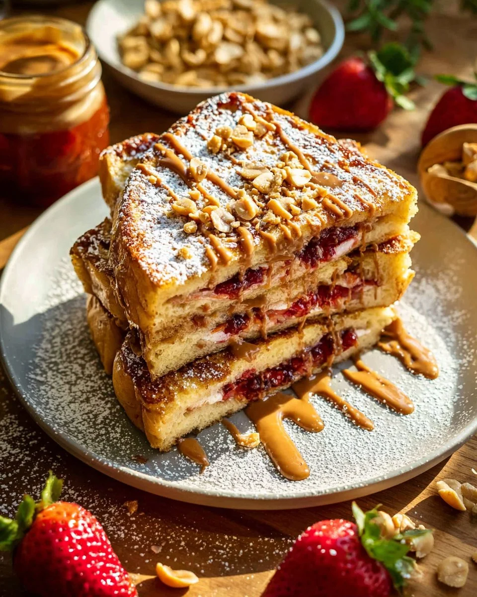 Peanut Butter and Jelly French Toast served with syrup and berries