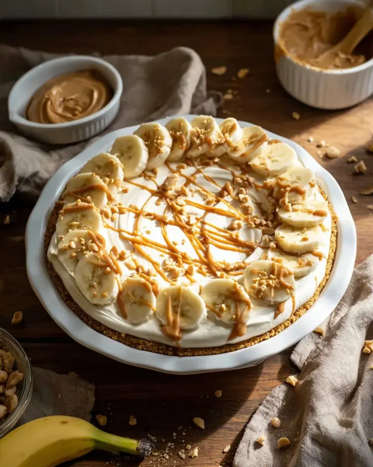 Delicious Peanut Butter Banana Cream Pie served with whipped cream and banana slices.