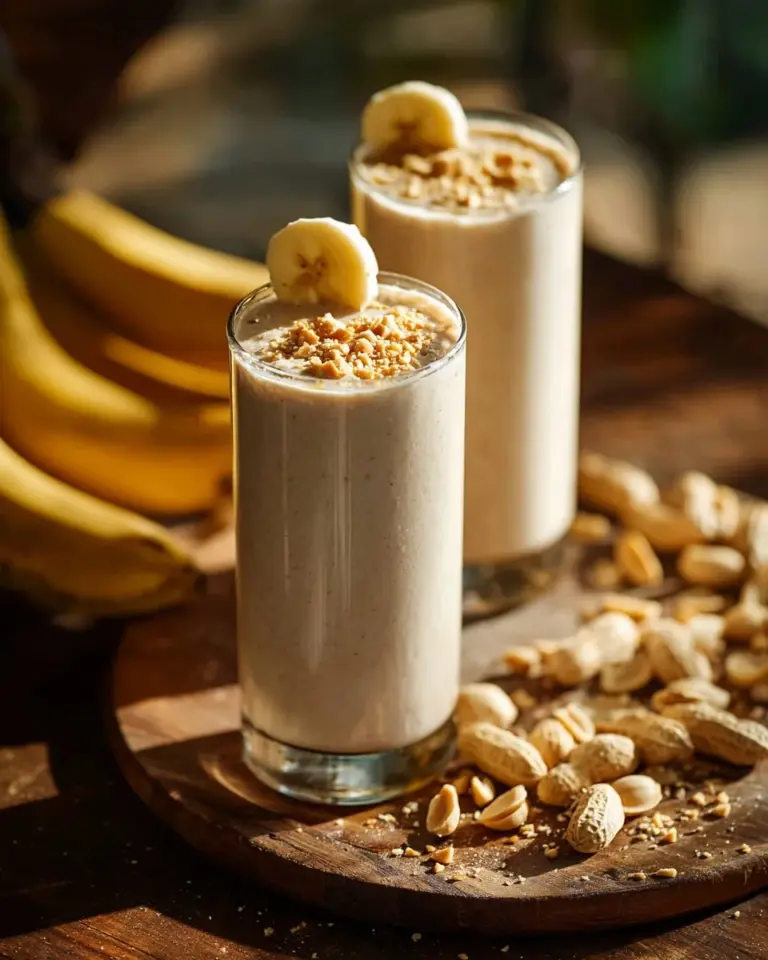 Creamy peanut butter banana smoothie in a glass, garnished with banana slices.