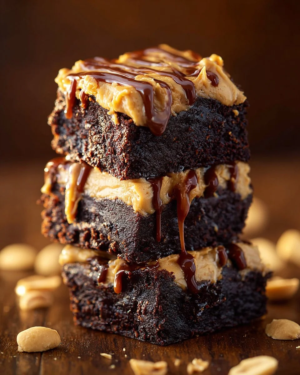 Delicious Peanut Butter Mousse Brownies topped with creamy mousse and chocolate drizzle