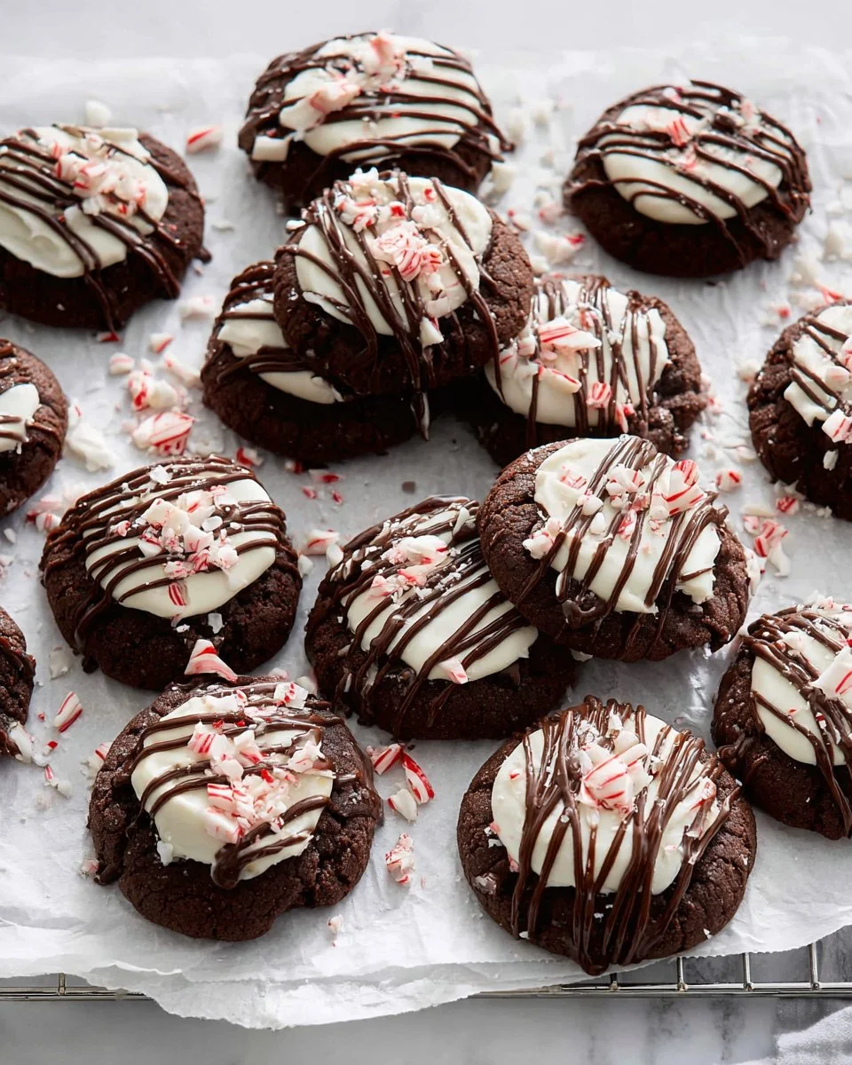 Peppermint hot chocolate cookies topped with chocolate and crushed peppermint