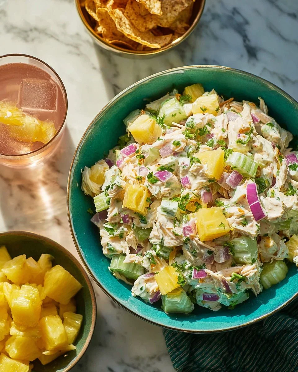 A colorful and fresh Pineapple Chicken Salad served in a bowl.