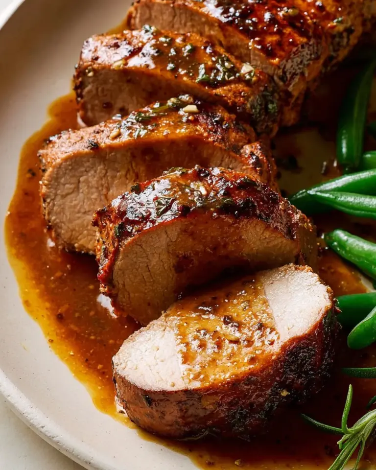 Juicy pork tenderloin glazed with maple-dijon sauce in a skillet.