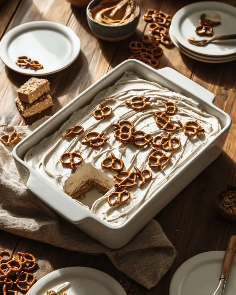 Delicious and creative pretzel dessert garnished with chocolate and caramel