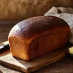 Freshly baked pumpernickel bread on a wooden cutting board