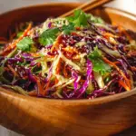 Bowl of quick Asian coleslaw with sesame dressing garnished with sesame seeds