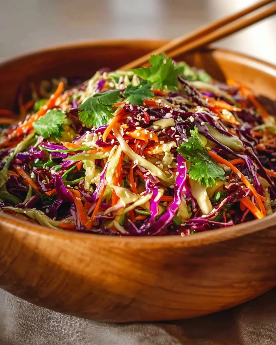 Bowl of quick Asian coleslaw with sesame dressing garnished with sesame seeds