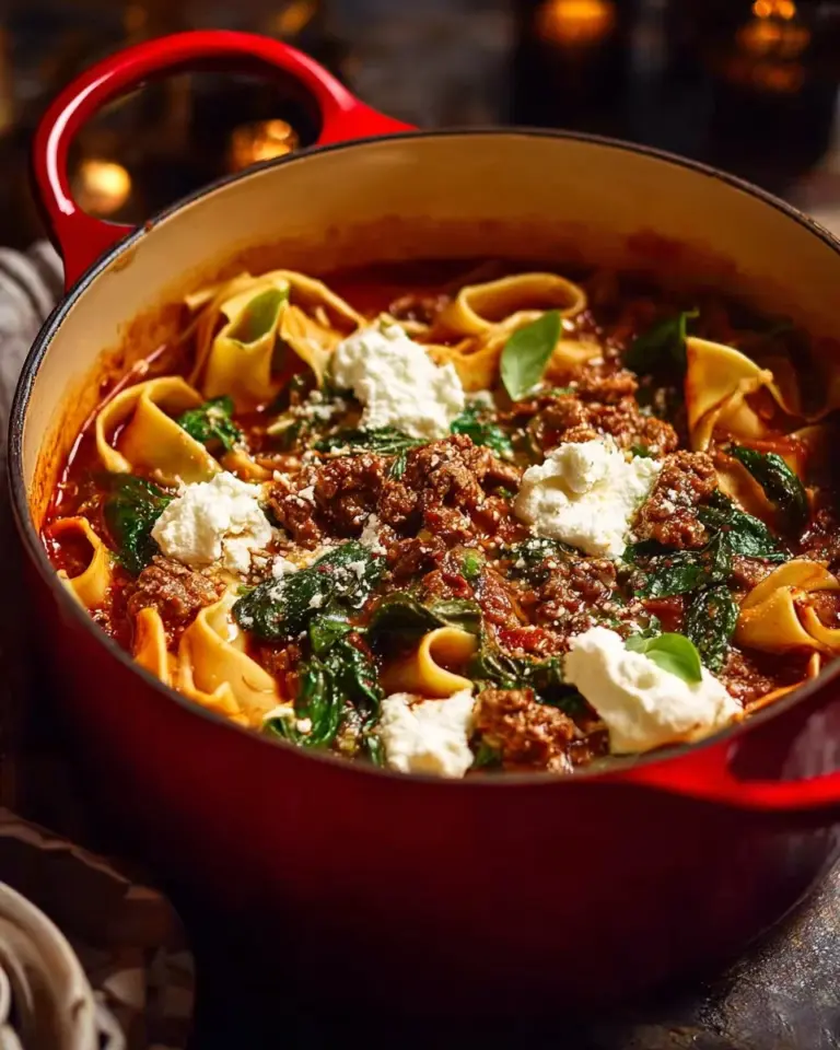 Delicious quick Dutch Oven Lasagna Soup served in a bowl with fresh basil.