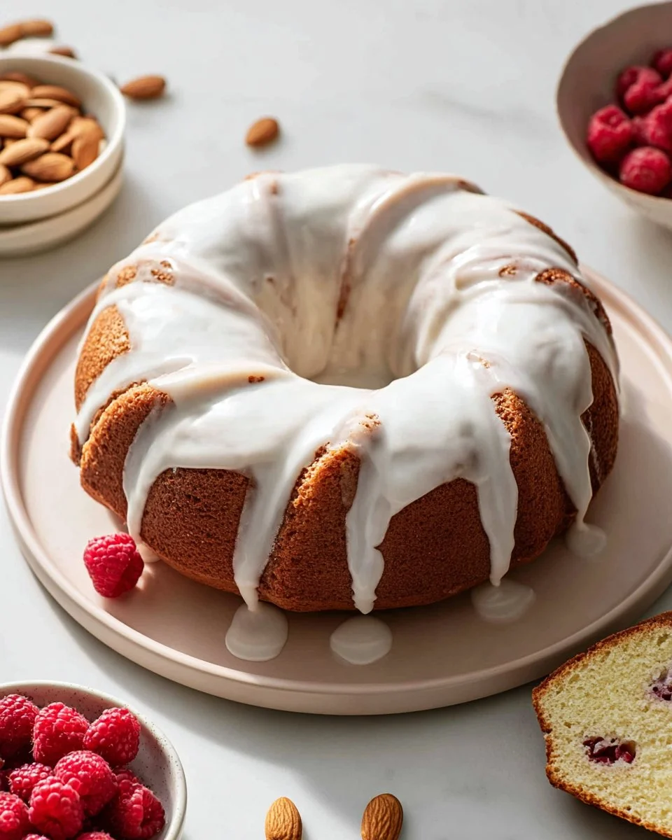 A delicious slice of Raspberry Almond Pound Cake topped with fresh raspberries and almonds.