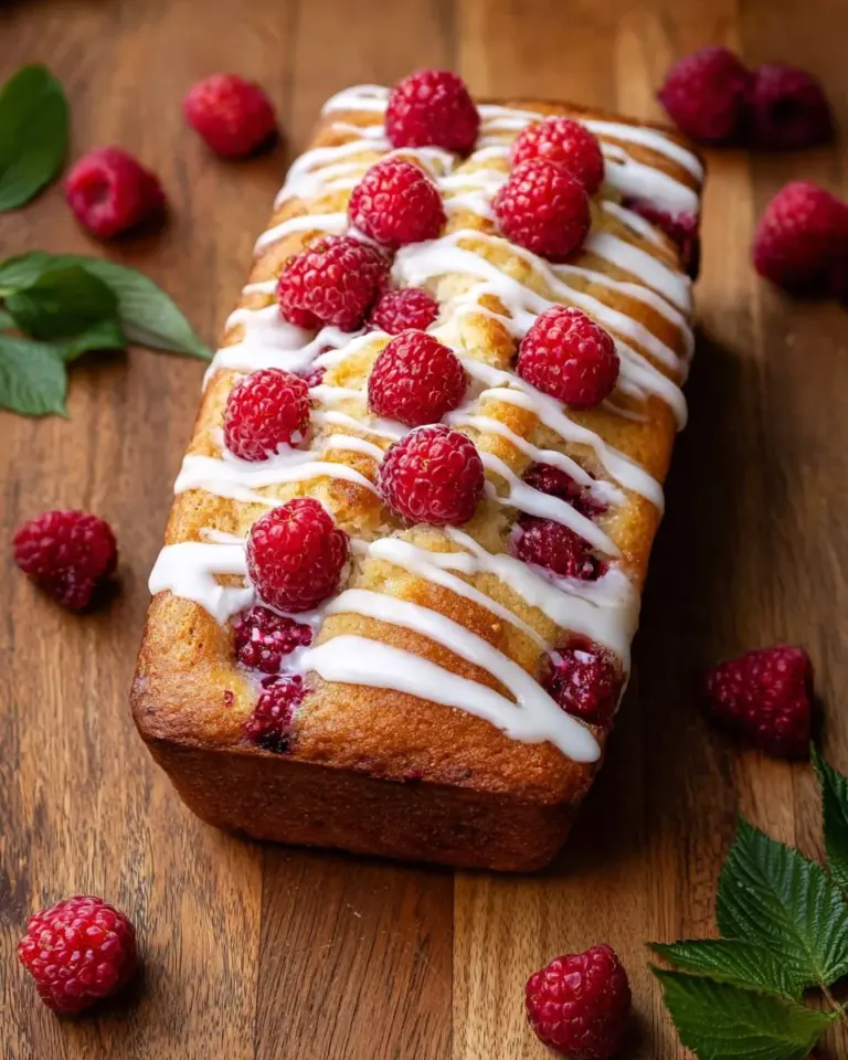 Homemade Raspberry Loaf topped with fresh raspberries.