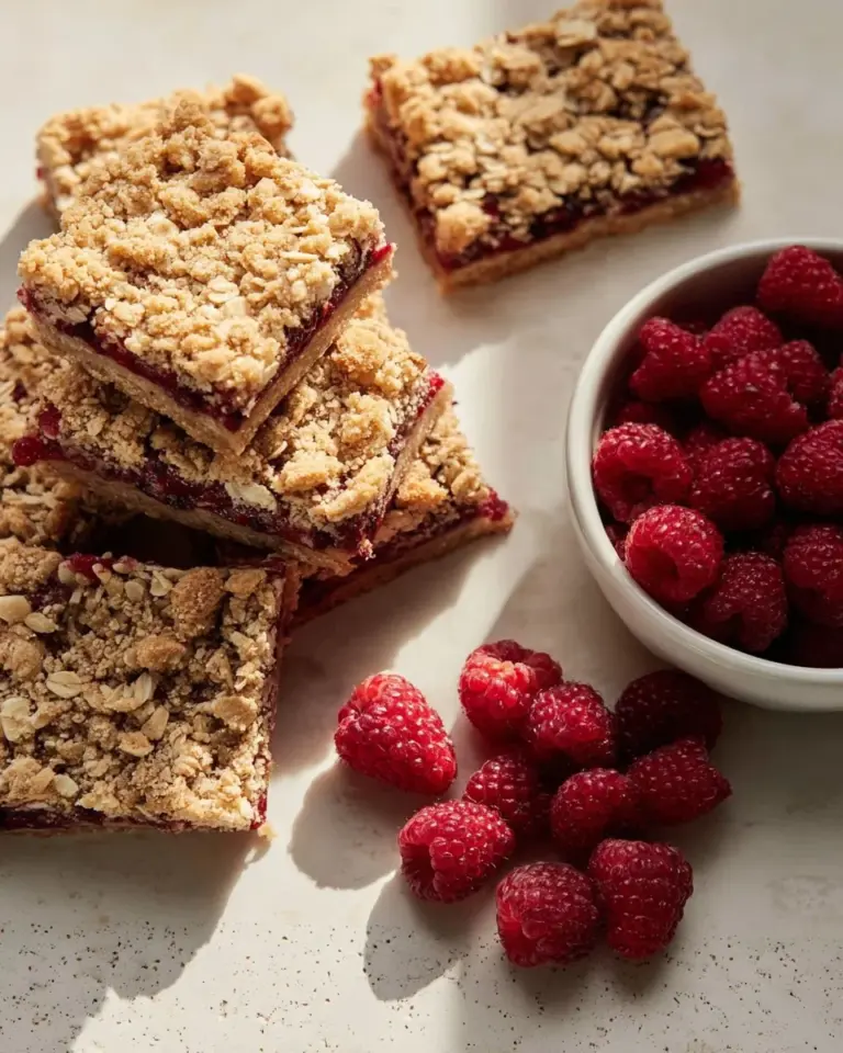 Delicious Raspberry Oatmeal Crumble Bars topped with oats and fresh raspberries