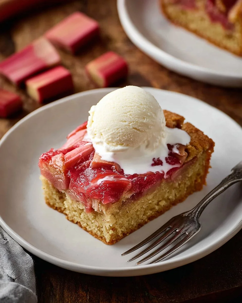 Slice of rhubarb cake served with homemade rhubarb sauce